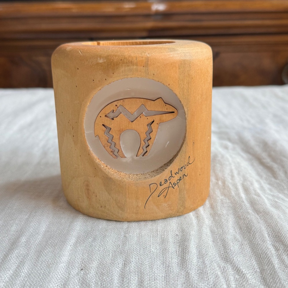 Handmade Wooden Candle Holder Native American Bear Motif Deadwood‎ Aspen